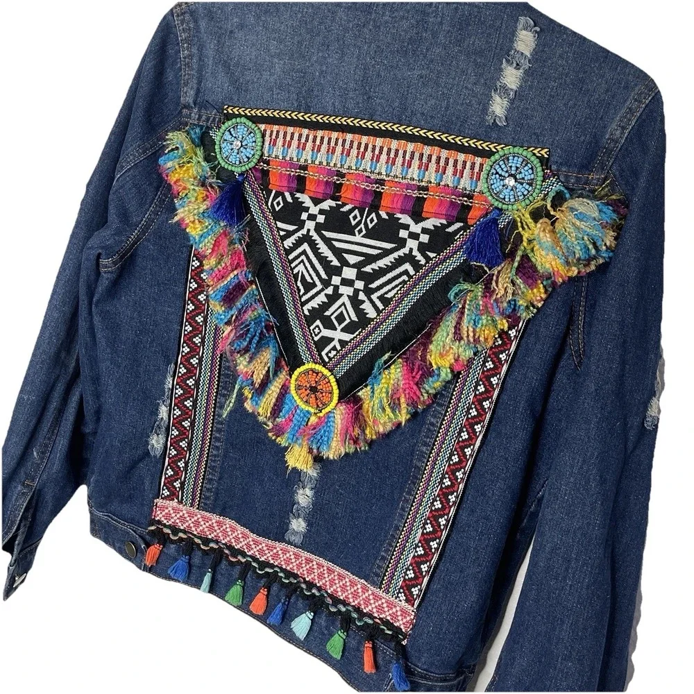 Boho Embroidered Tassel Denim Jacket Festival Tribal Fringe Jean Jacket Womens S